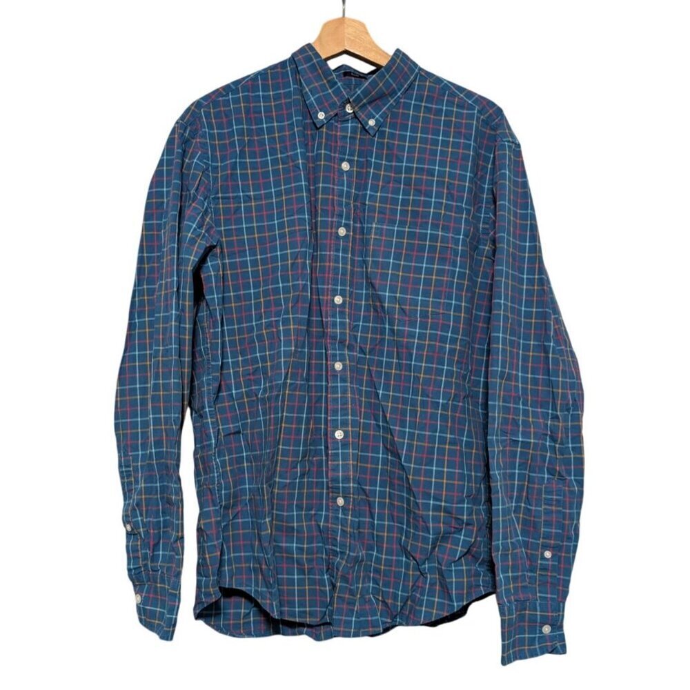J Crew Flex Washed Slim Fit Blue Multicolor Plaid Check Button Shirt Mens Size L